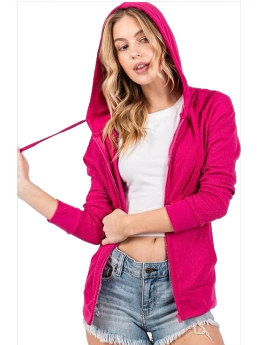 Zip-up Lightweight Ribbed Hoodie in Hot Pink